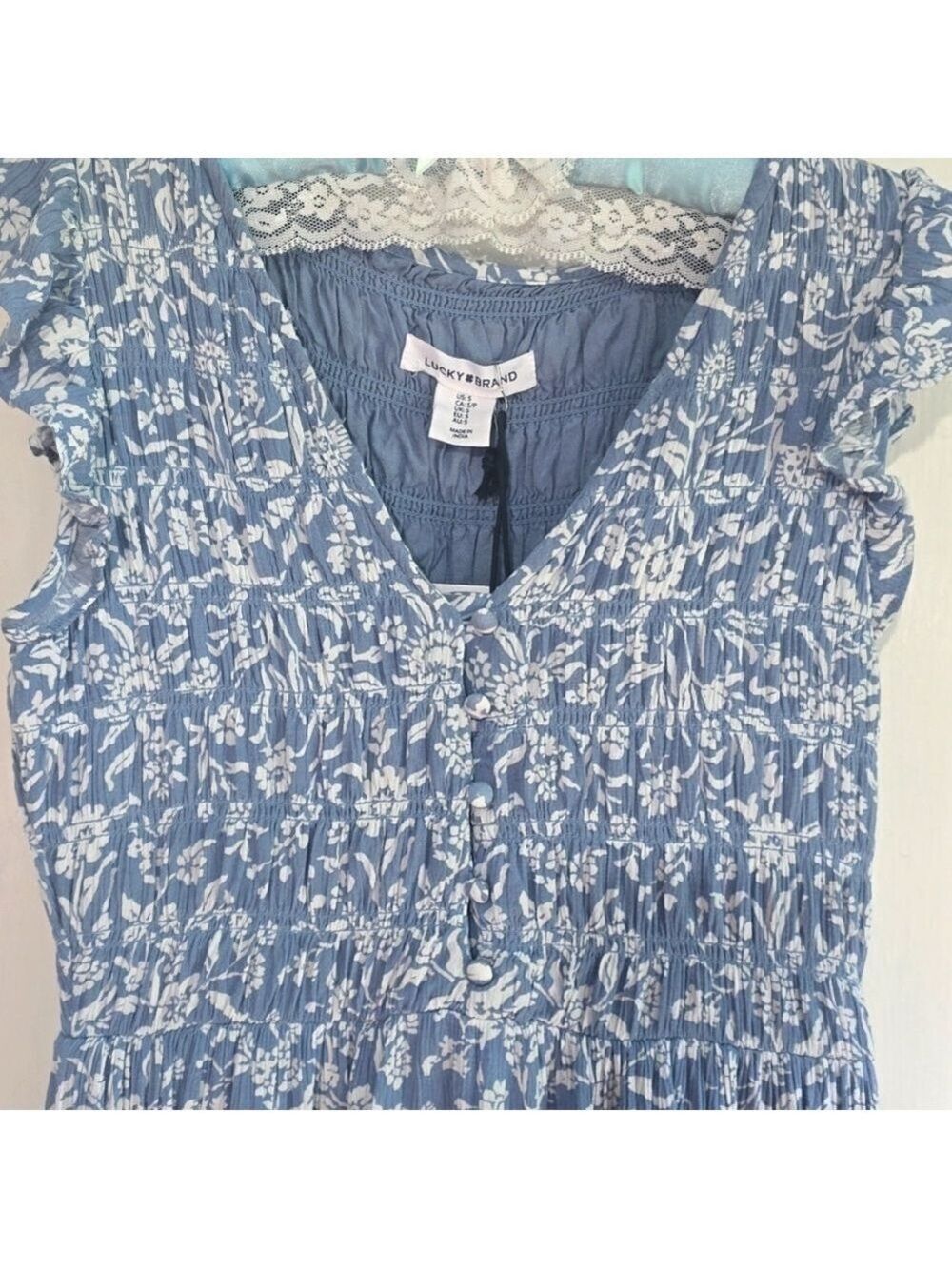 Lucky Brand Blue Floral Flirty Flutter Sleeve Shirred Bust Midi Dress - Picture 3 of 11
